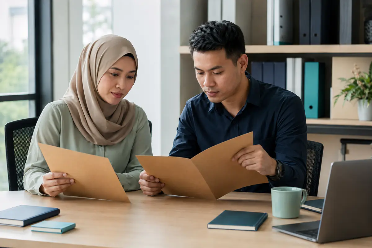Dua penyelaras Malaysia membandingkan folder cadangan kosong di pejabat