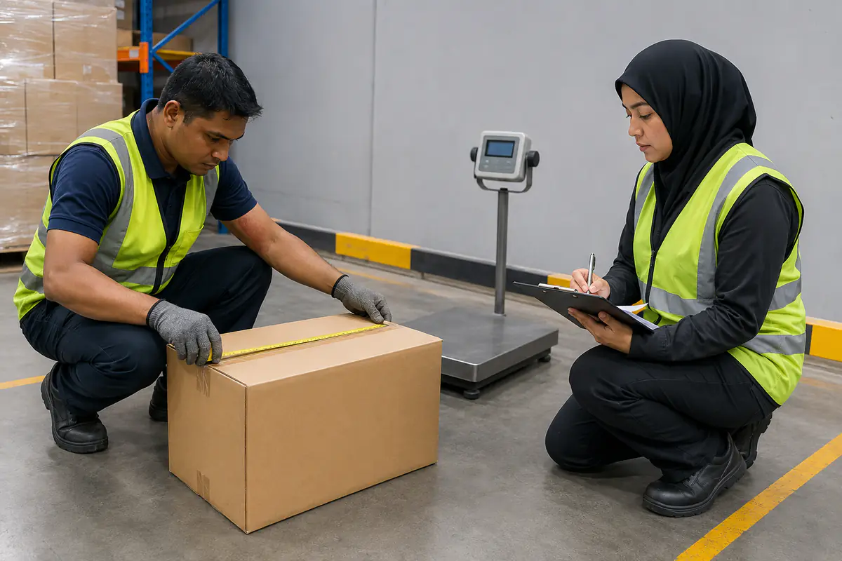 Pekerja mengukur karton biasa dengan clipboard kosong