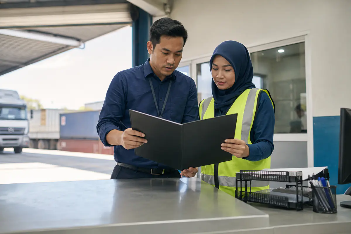Dua petugas logistik Malaysia menyemak folder kuasa kosong di meja gudang yang selamat