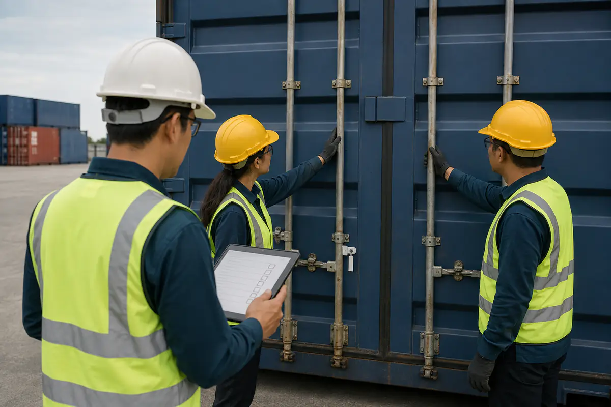Petugas logistik menyemak kontena tertutup tanpa jenama dengan selamat